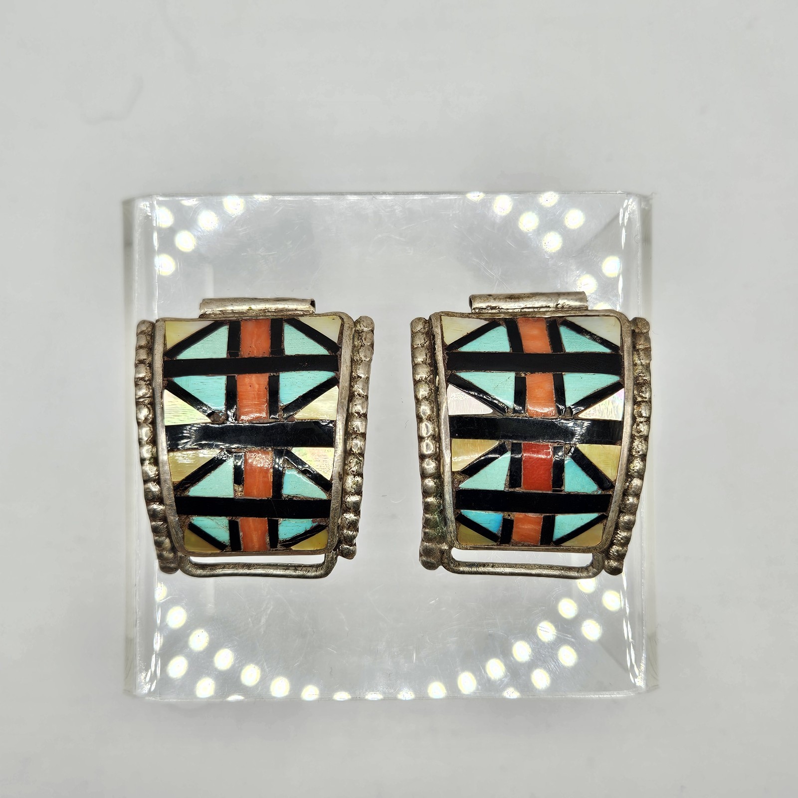 Important Herbert & Esther Cellicion Turquoise & Coral Inlay Watch Tips Zuni