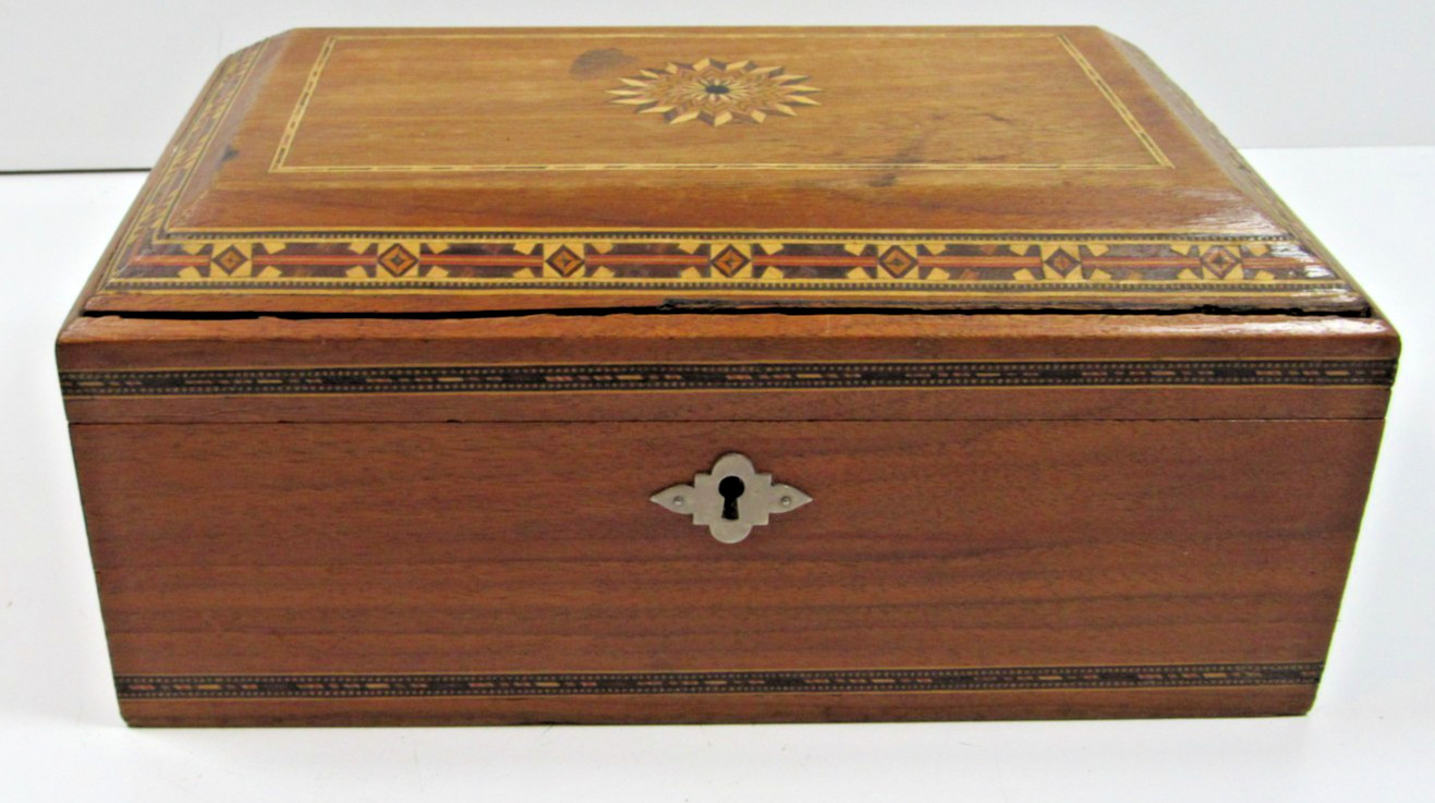 Antique Vintage Cigar Tea Box Inlaid Wood Humidor  Tin Lined