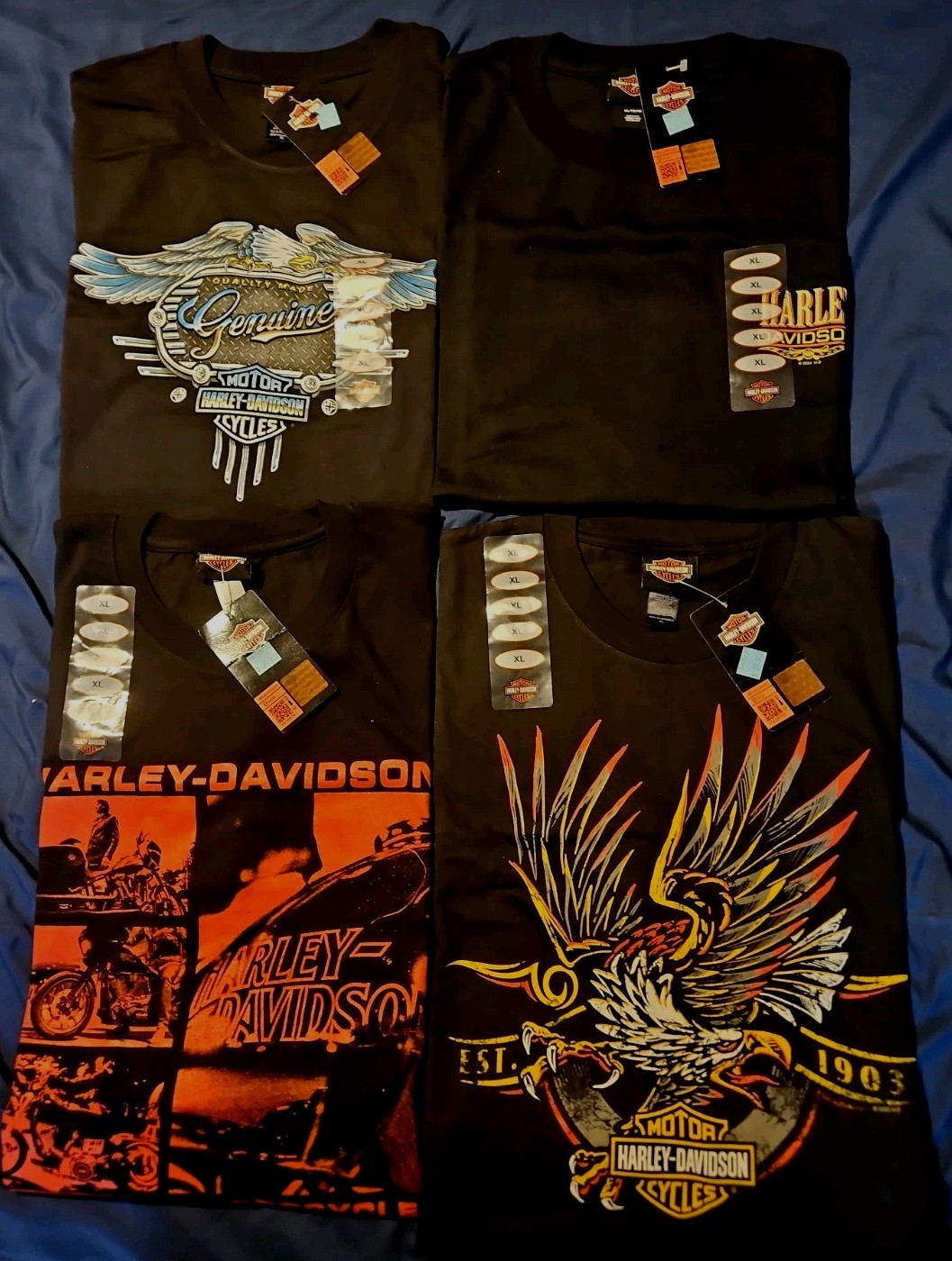LOT OF 4 HARLEY DAVIDSON T-SHIRTS SIZE XL IN VARIOUS DESIGNS NEW WITH PRICE TAGS