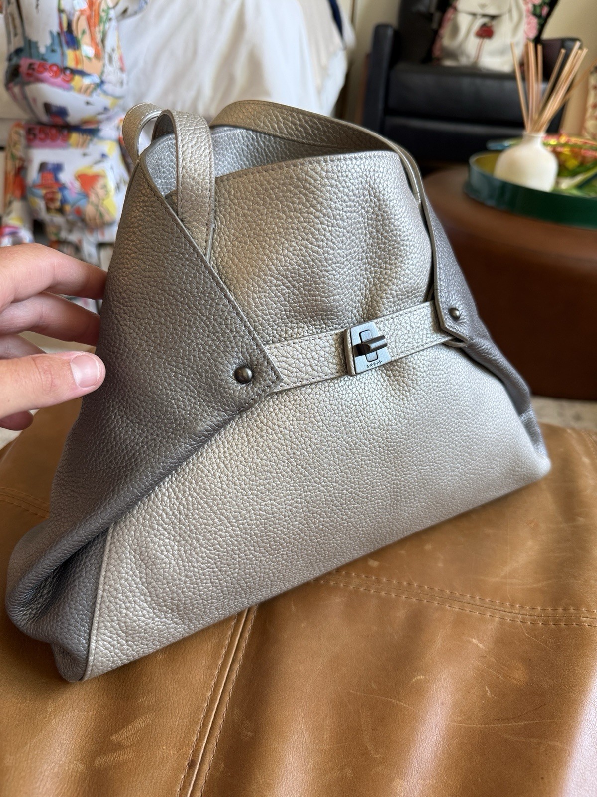 Akris Ai Small Shoulder Tote Metallic Silver Leather Convertible Trapezoid