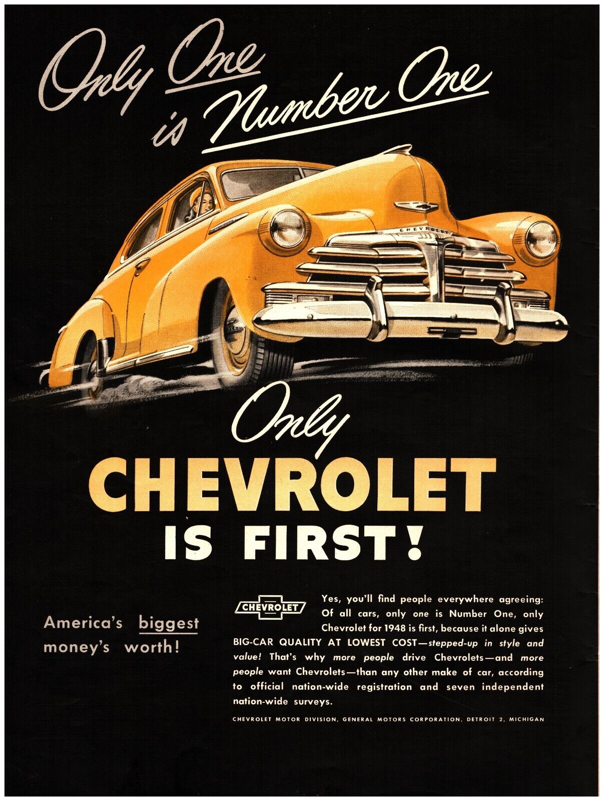 1948 Chevrolet Vintage Print Ad Only One Is Number One Yellow Car Biggest 