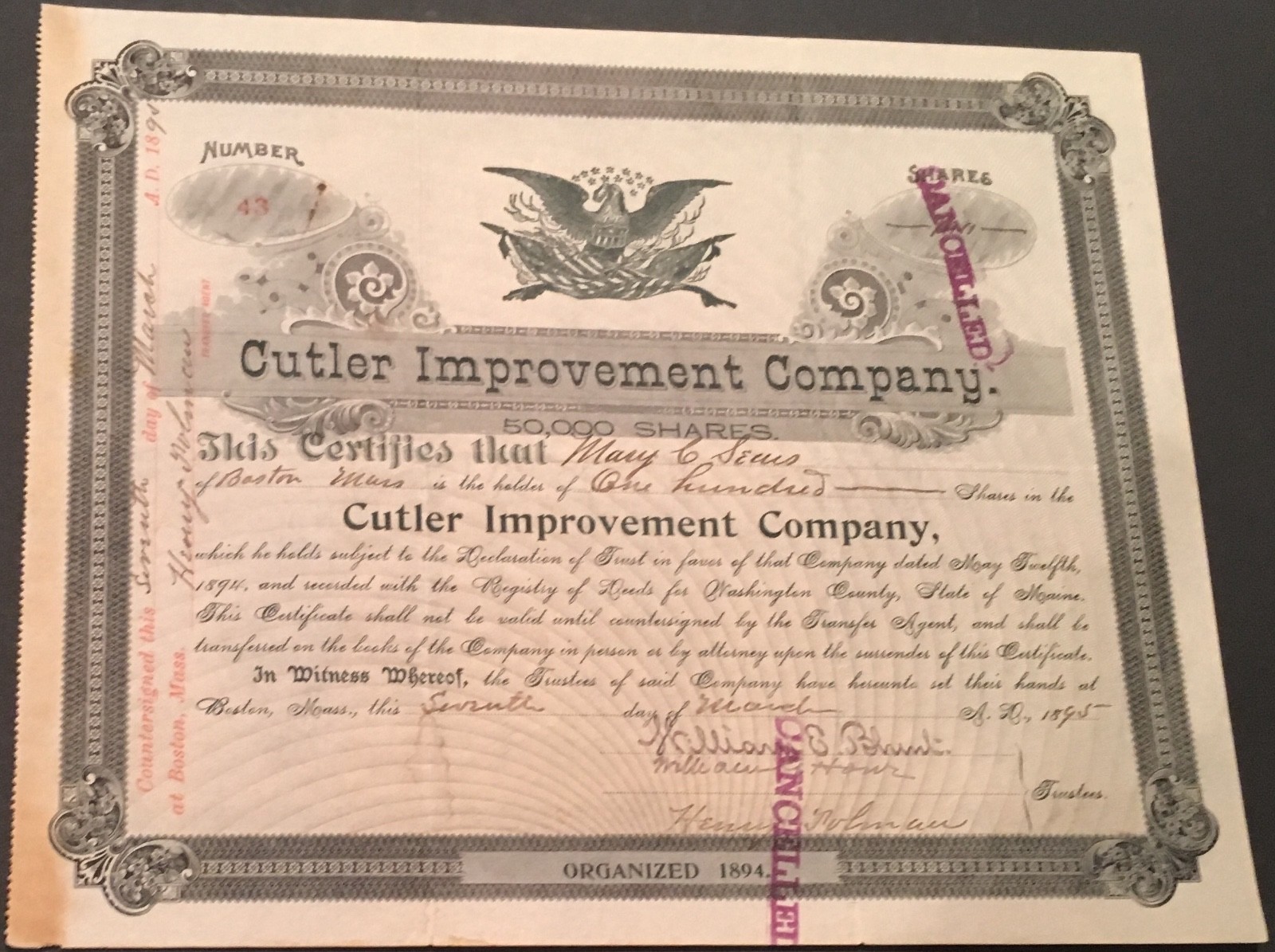 Cutler Improvement Company Mining Boston MA 1895 Antique Signed Certificate 