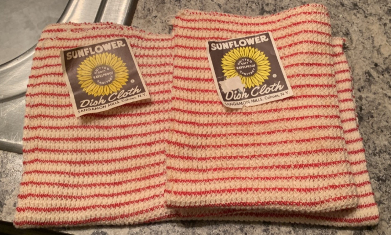 Vintage Sangamon Mills Sunflower Dish Cloth Towel Kitchen Striped Lot 2 Red