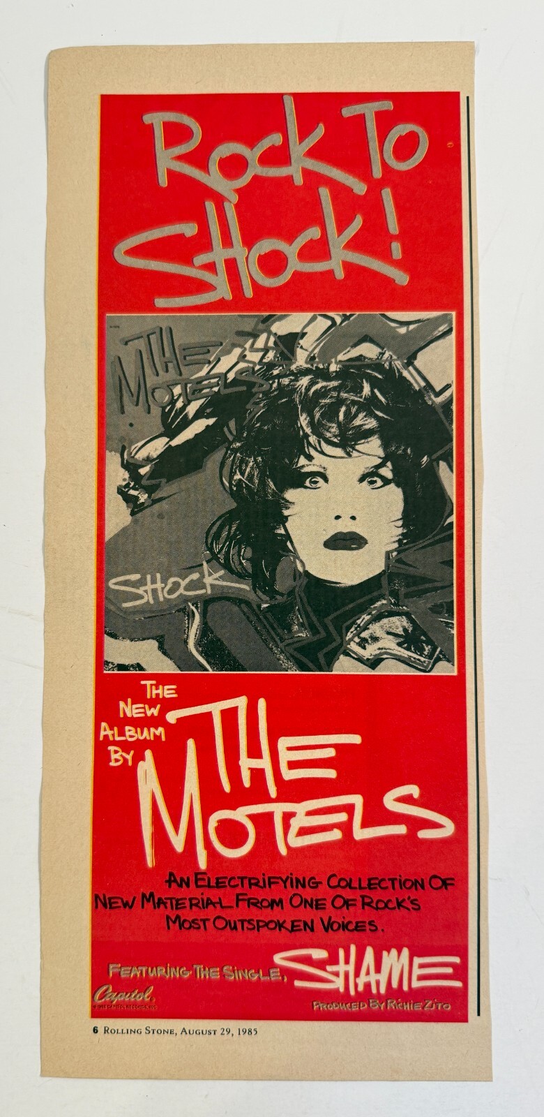 Vintage 1985 Rock to Shock The Motels Shame Music Advertisement Print Ad