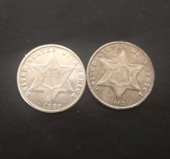 Lot of 2 1867 1862 Cent Piece Trime 3C