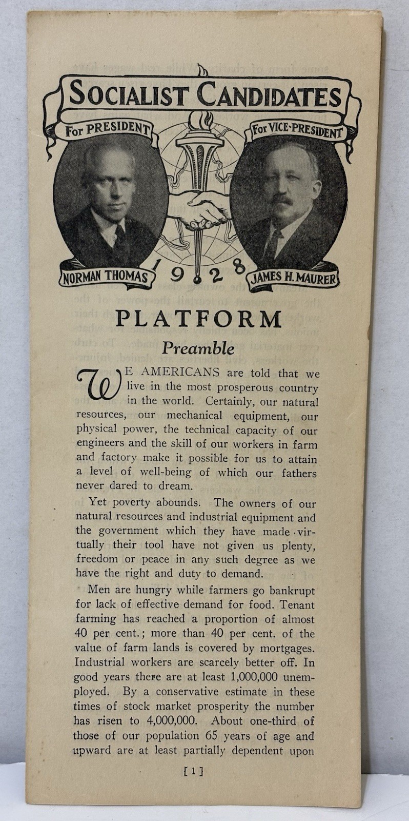 Rare 1928 Socialist Candidates Platform - Norman Thomas for President