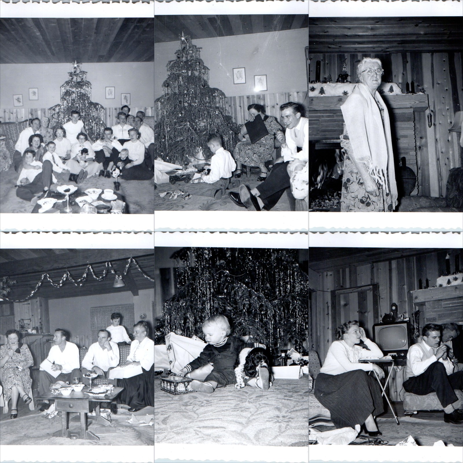 x6 LOT c1950s Christmas Family Gathering Snapshot Photos Tree Gifts TV Fireplace