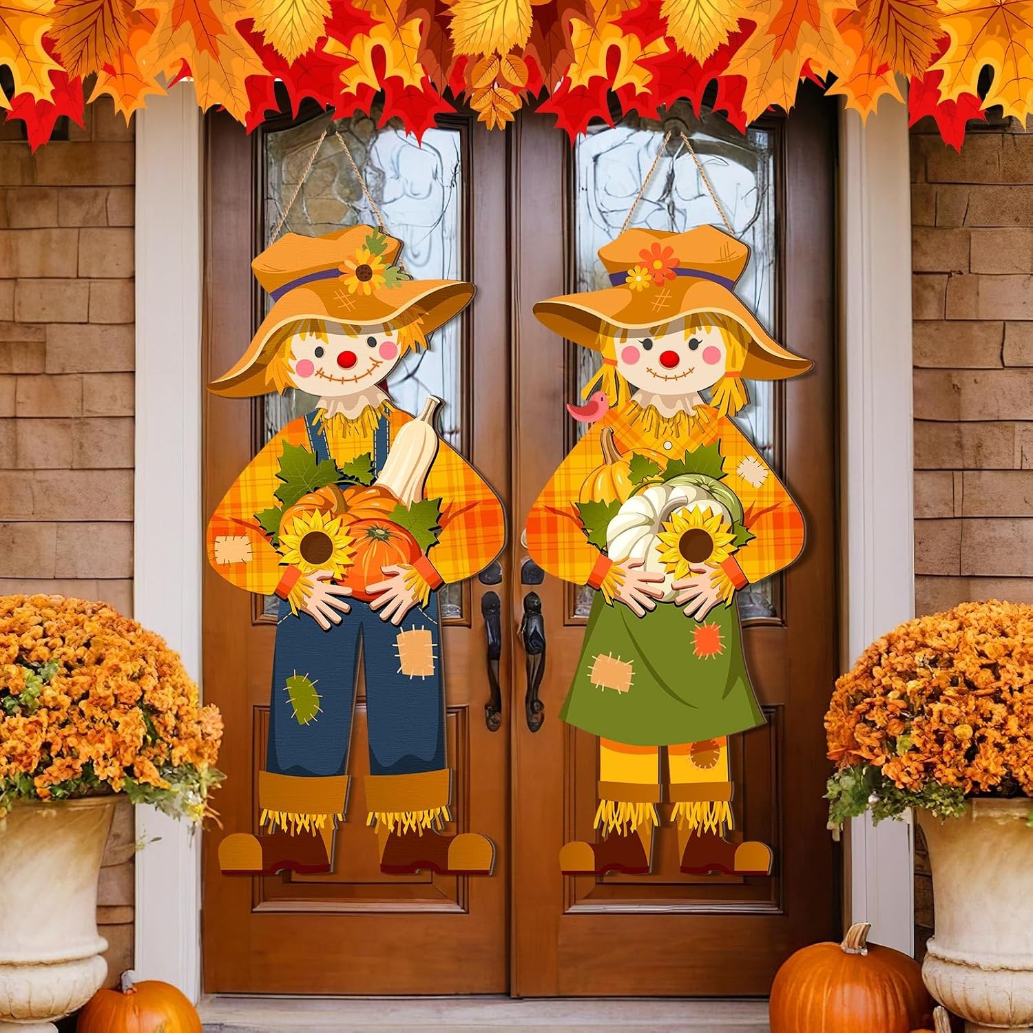 Shellwei 2 Pcs Fall Scarecrow Door Decor, Thanksgiving Welcome Hanging Sign