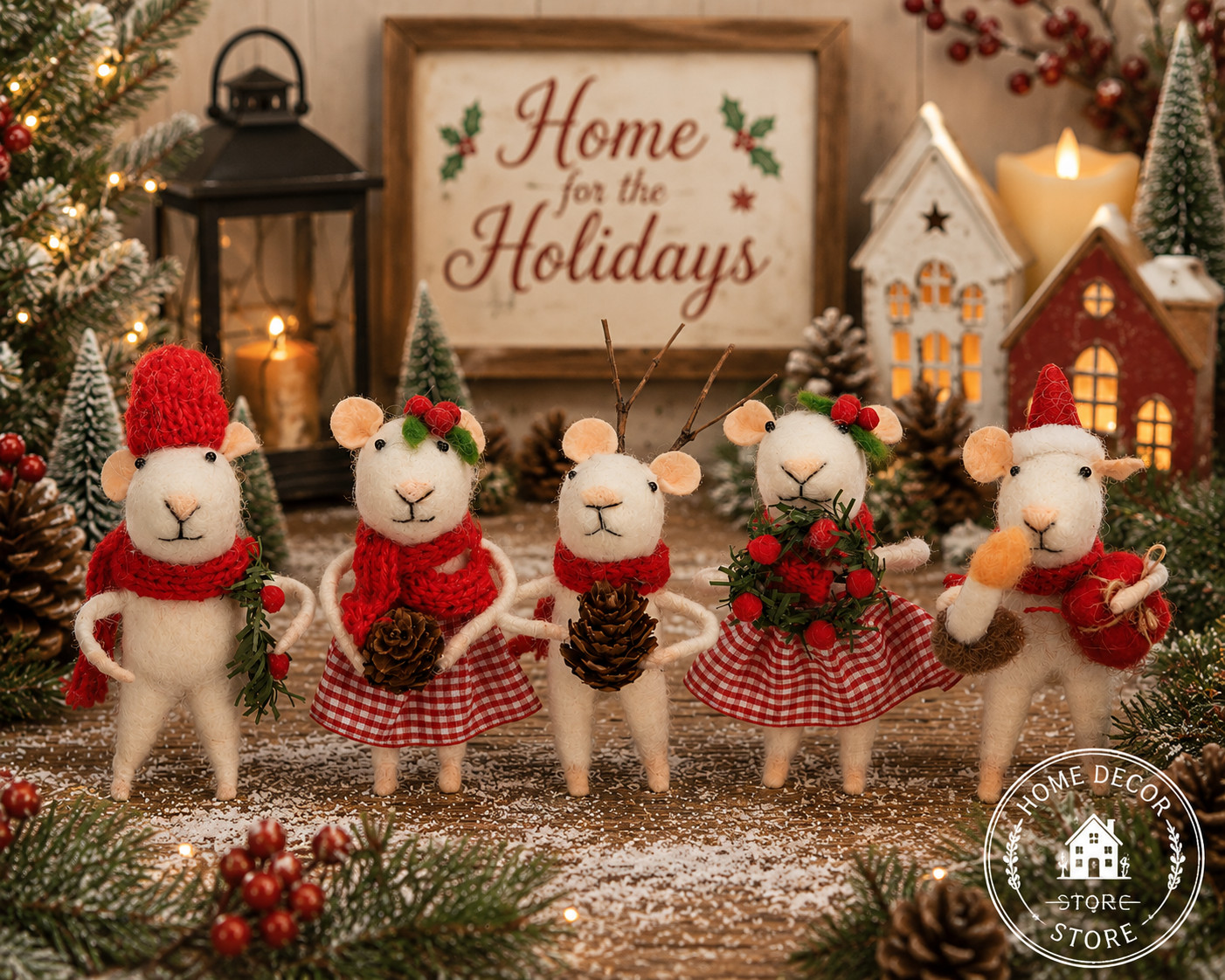 Primitives by Kathy Felt Christmas Mice Set 5 Critter Holiday Ornament Mouse