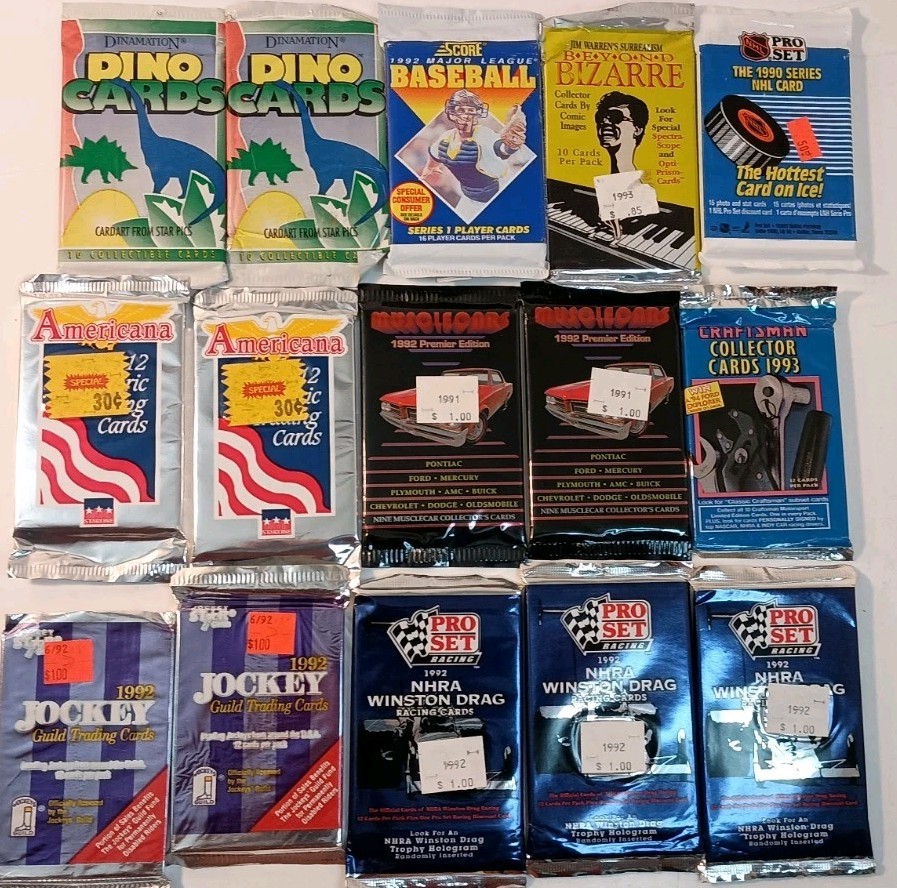 Vintage 1990s Trading Card Wax Pack Lot Non-Sport, Sports, Dinosaurs, Cars (15)