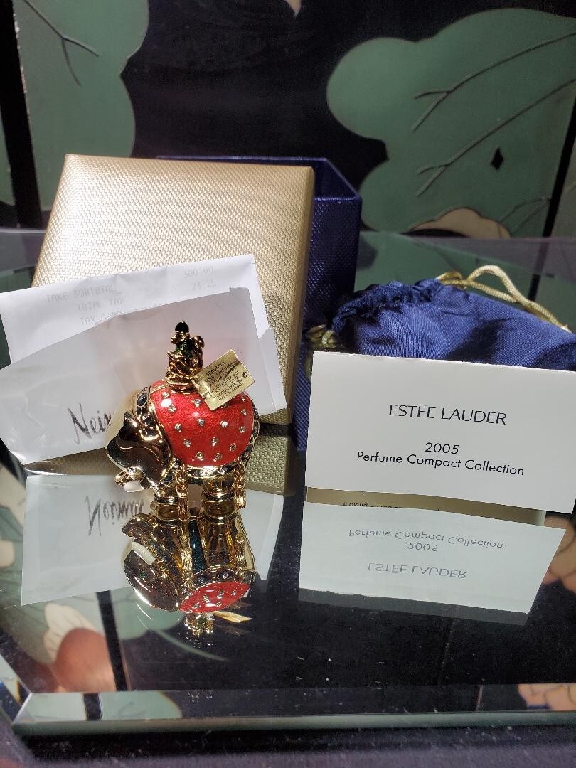 VTG Estee Lauder Bejeweled Elephant Solid Perfume Neiman-Marcus Receipt MIB HTF