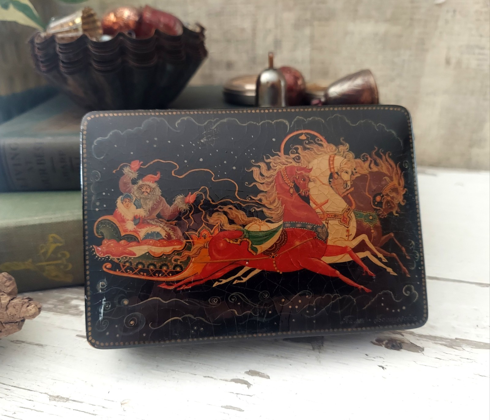 Vintage Russian Palekh Lacquer Box Hand Painted Signed Troika 3-Horse Sleigh