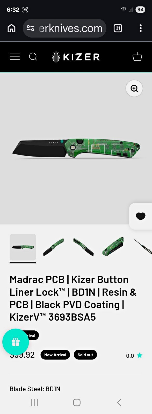Kizer Madrac PCB Pocketknife BD1N Sheepsfoot Plain Button Liner Lock Green