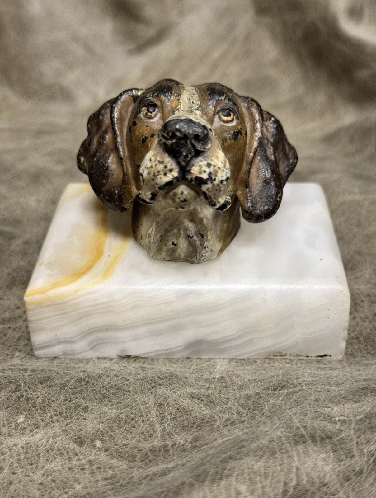 ANTIQUE COLD-PAINTED BRONZE & ONYX ST. BERNARD DOG PAPERWEIGHT