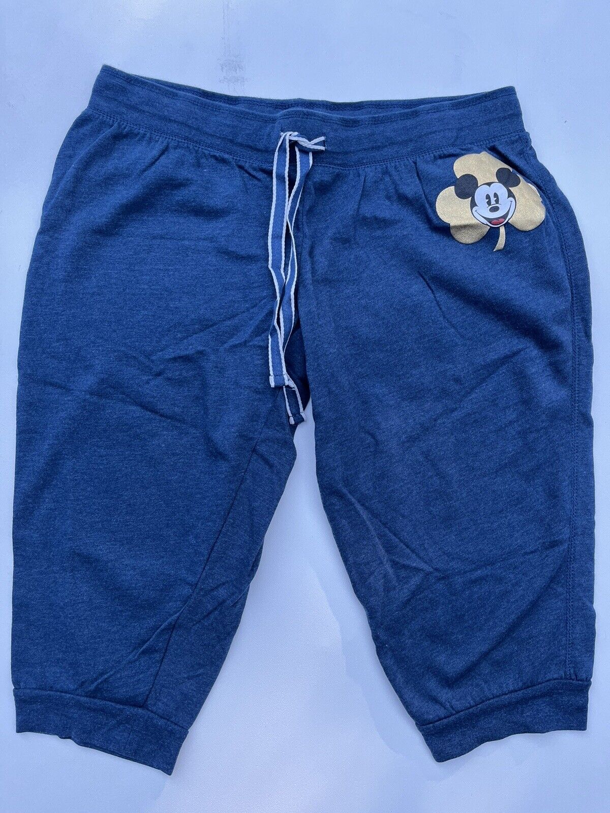 Mickey Mouse Cloverleaf Disney Capri Shorts Sweatpants Navy Blue XL