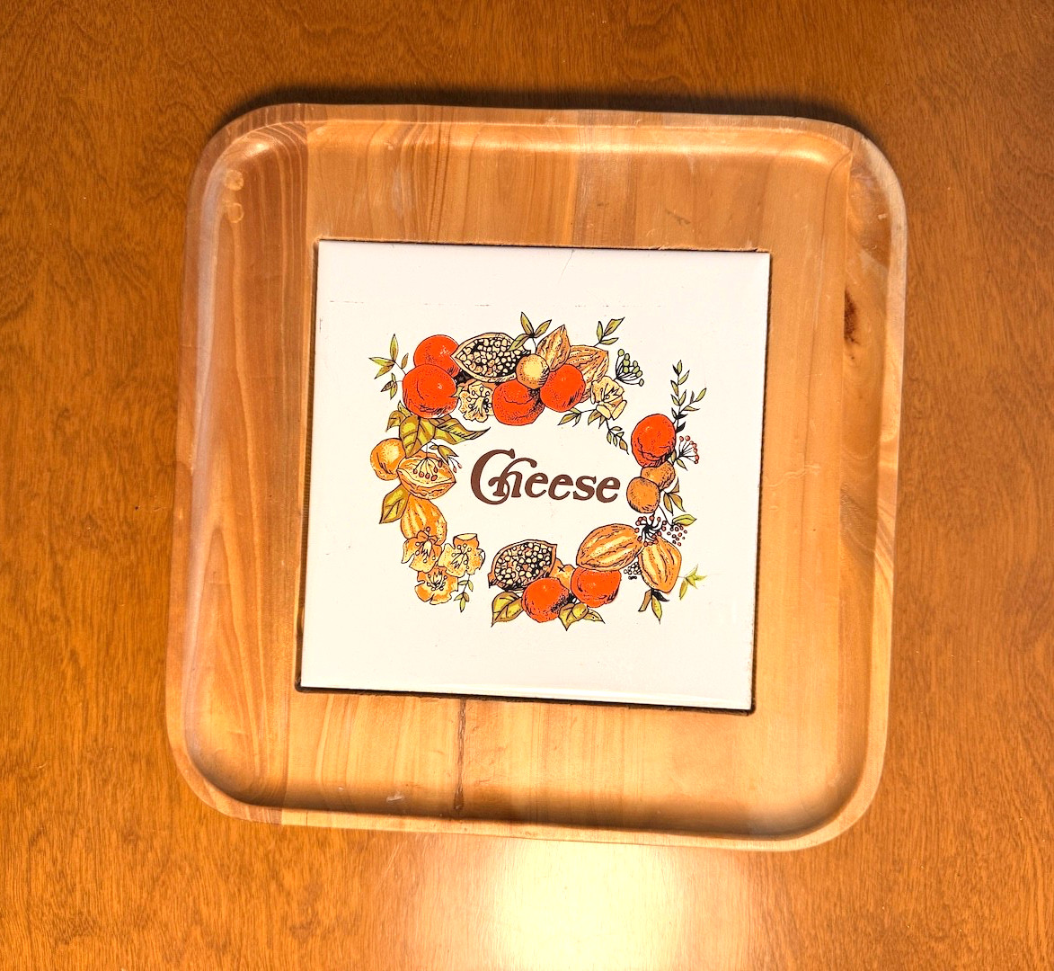 Vintage 1970s Ceramic Wood Cheese Tile Board Platter Tray, Kitchen