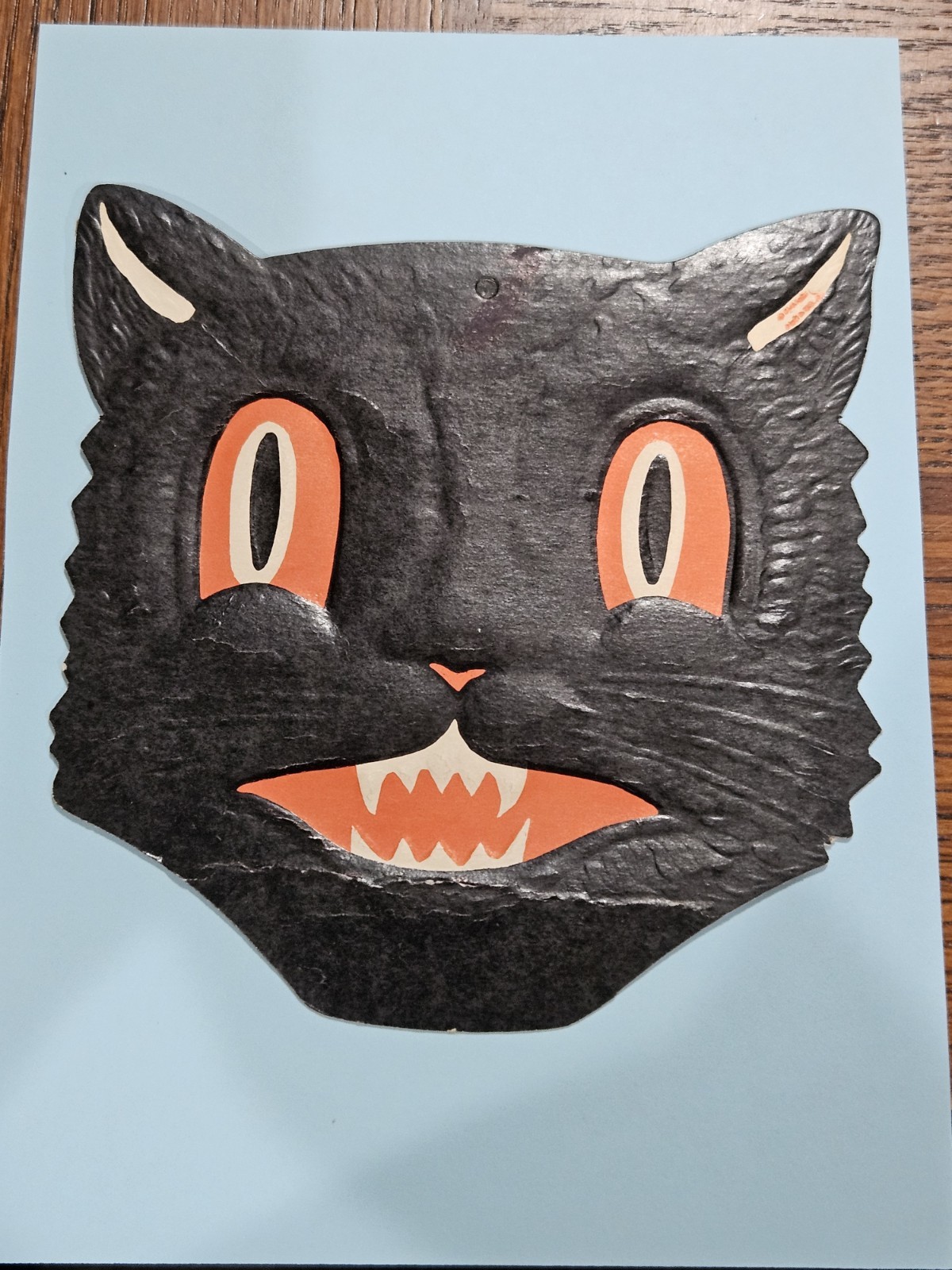 Vintage Early Small Halloween Luhrs Diecut Black Cat Head Orange Eyes