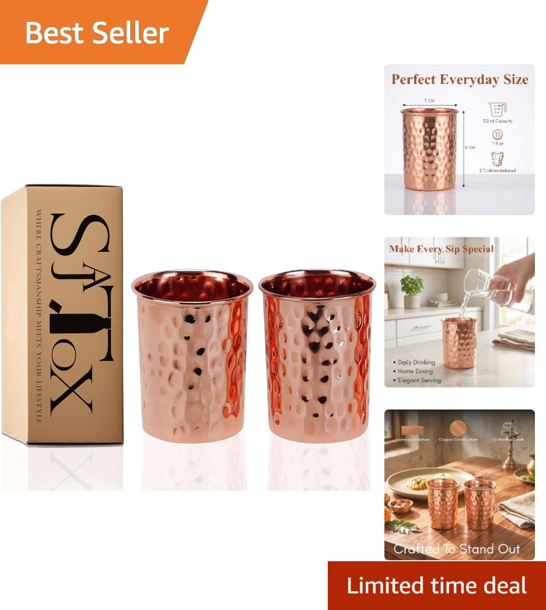 Handcrafted Hammered Copper Tumblers - 2 pcs. Set for Stylish Hydration 312 ml