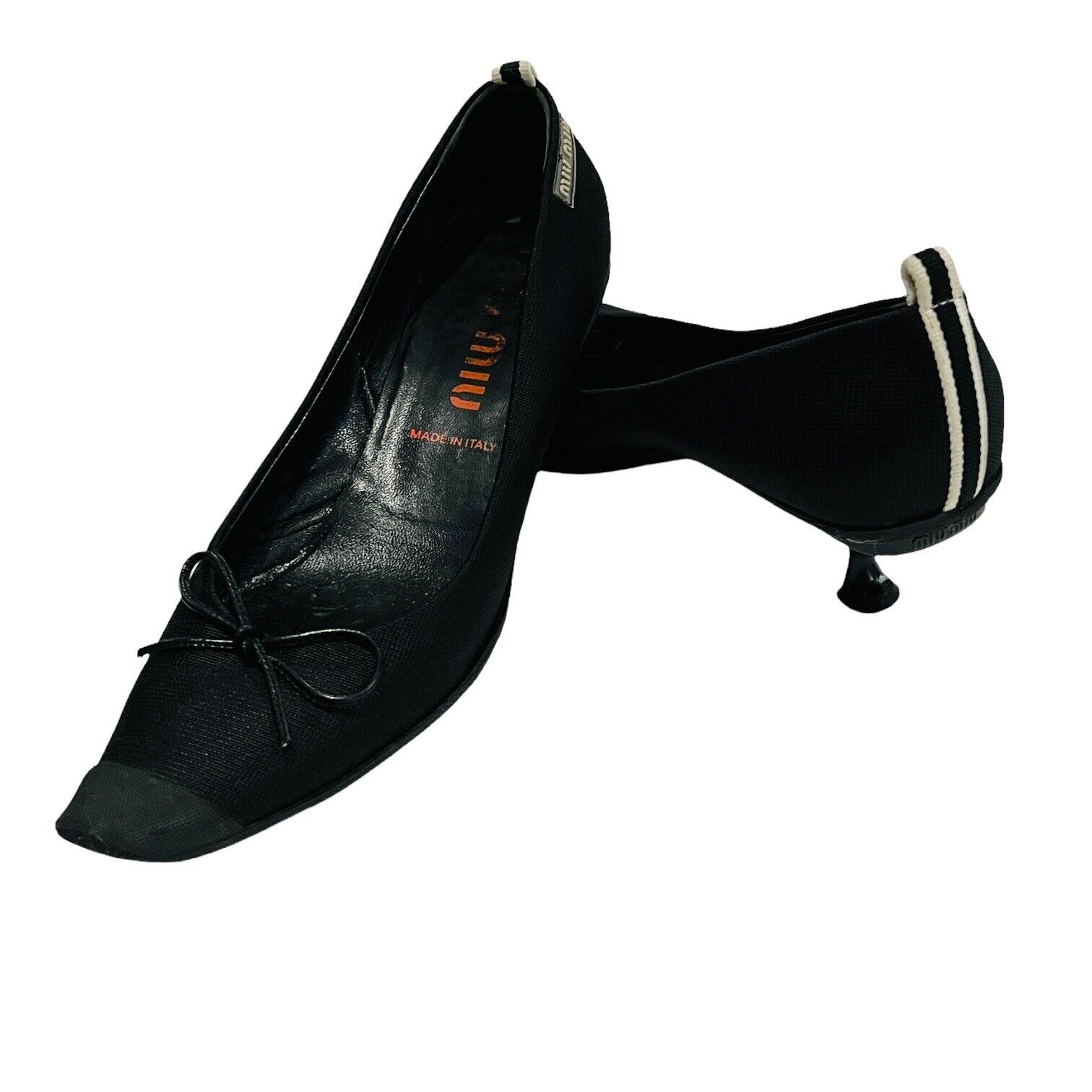 Miu Miu Black White Ribbed Fabric Bow Point Toe Kitten Heel Italy Sz 37.5 7.5