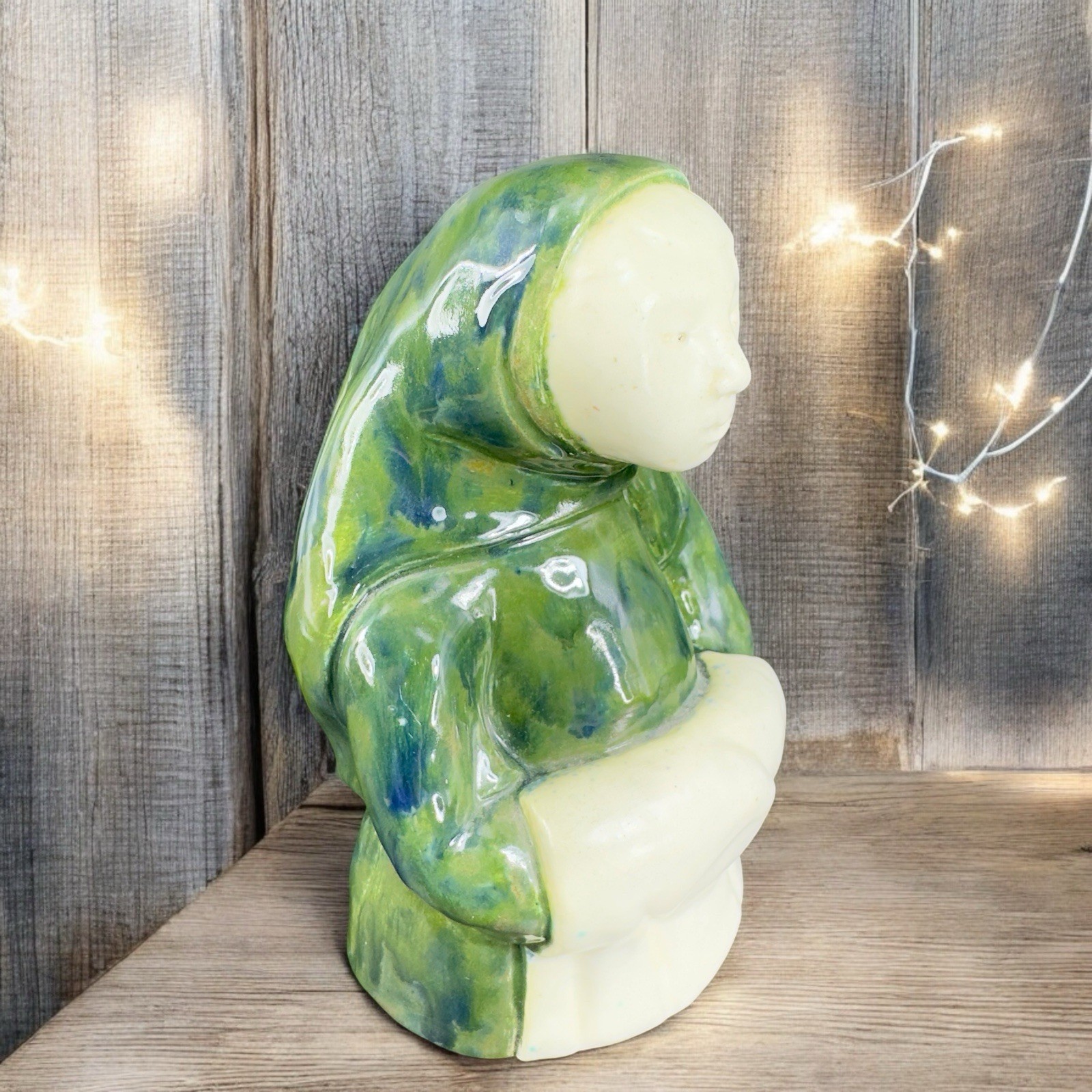 Vintage Hand Made Folk Art Figurine Woman Wearing Green Cloak Wrap Sculpture VTG