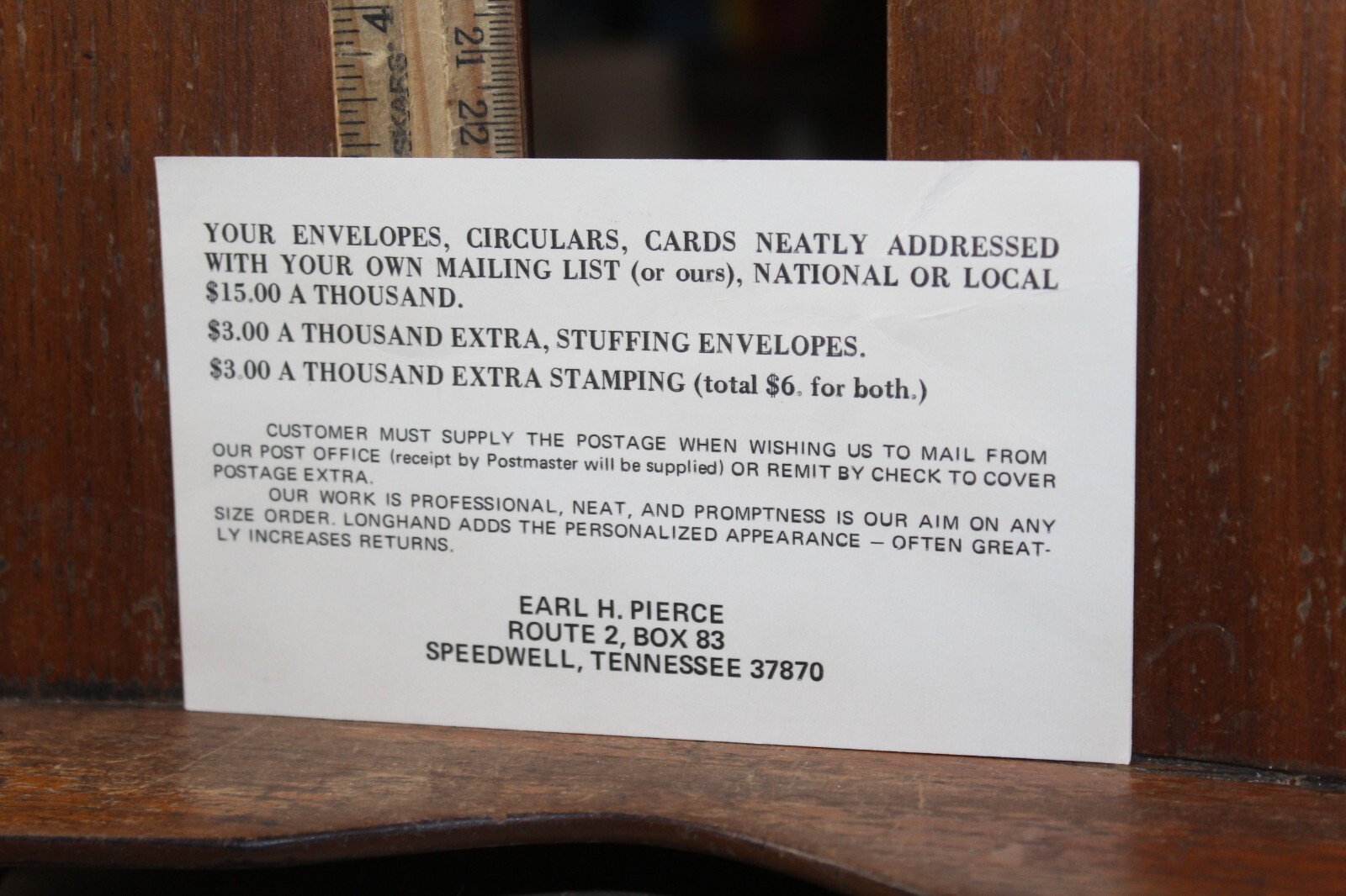 Vintage Postcard 1960\'s Earl H. Pierce Speedwell TN Circular Order