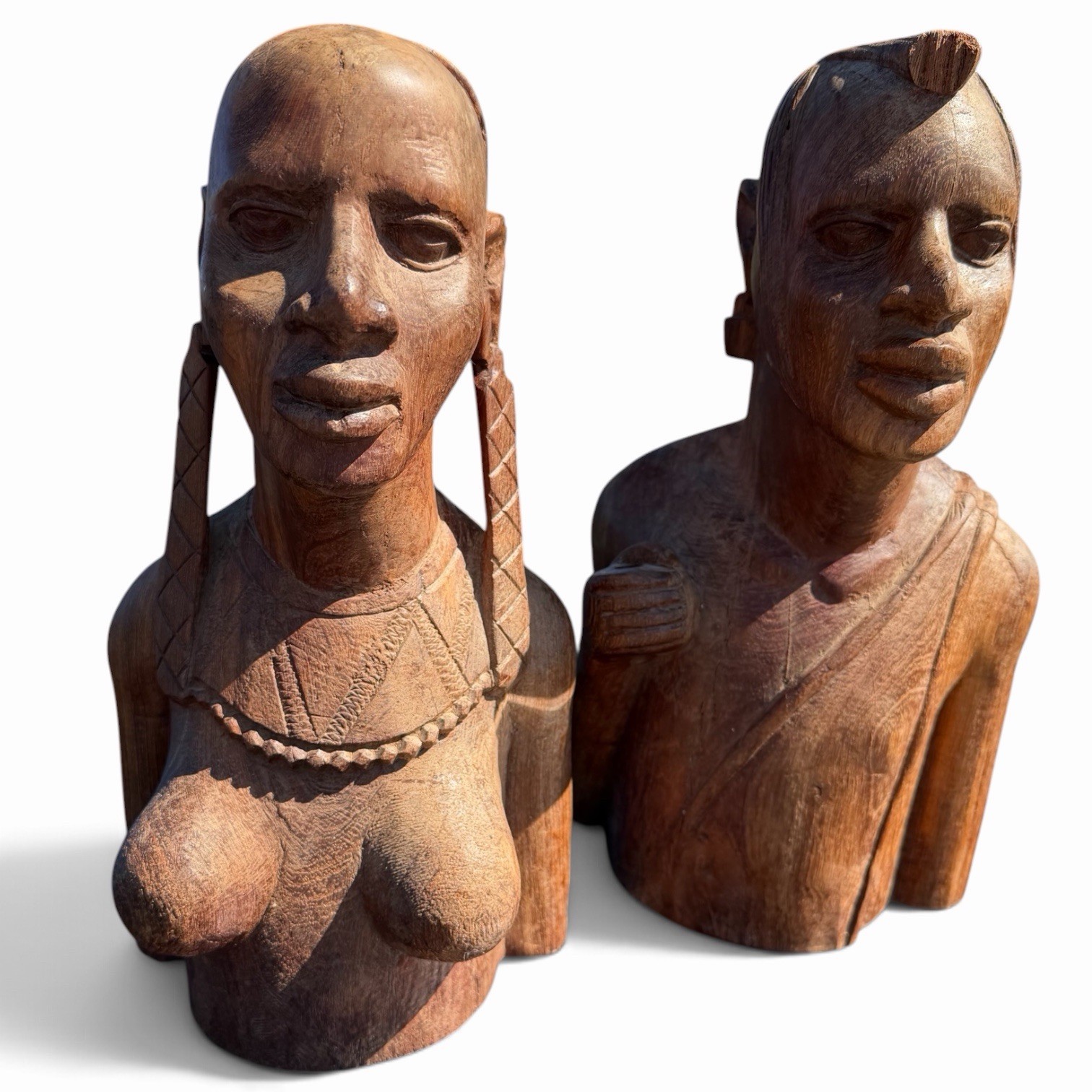 Vintage Hand-Carved Maasai Busts – Solid Hardwood African Figures – Large Pair