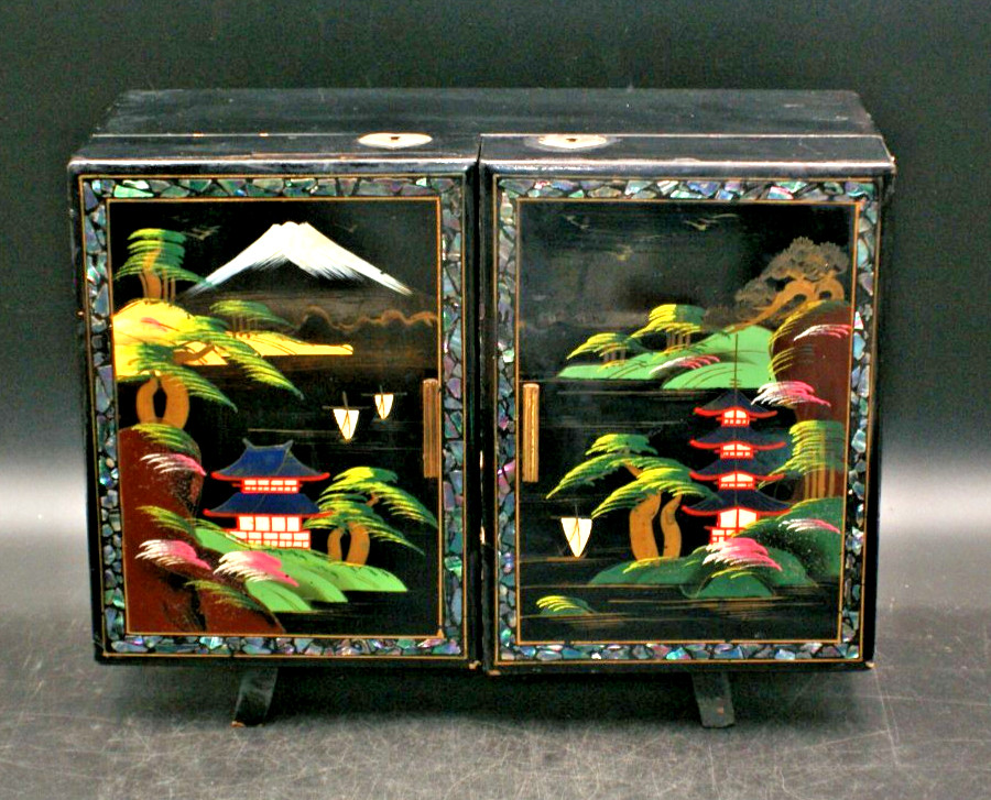 VTG Japanese Black Lacquer Music Jewelry Box Hand Painted Mother of Pearl inlay