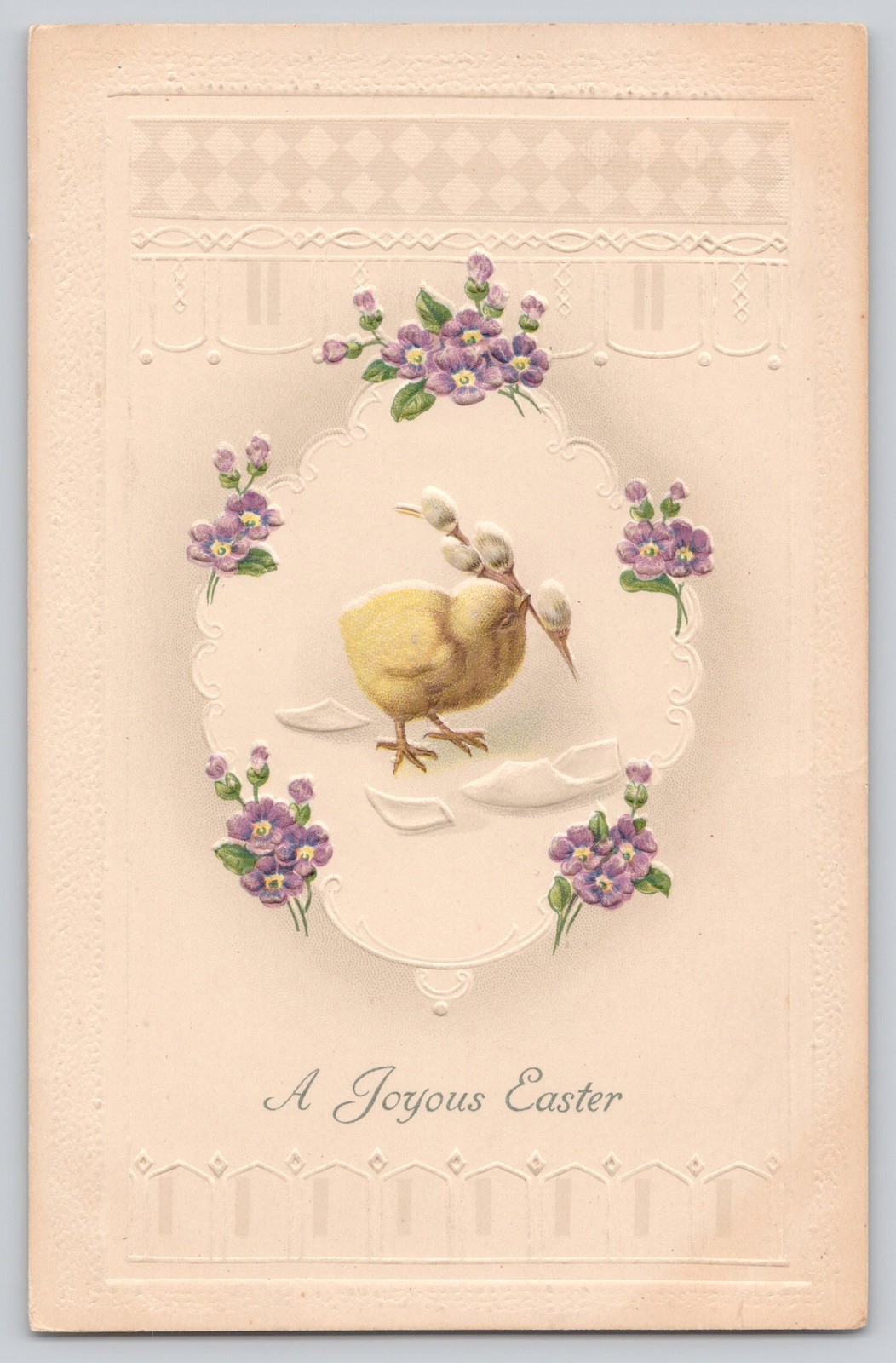 Antique 1913 Easter Postcard Chick Hatching Egg Pussy Willow Embossed