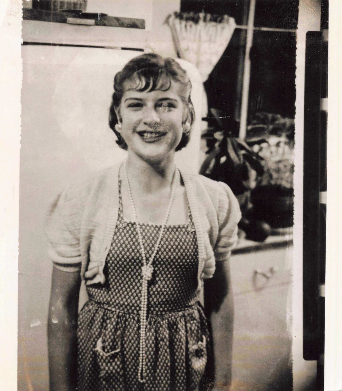VTG Photo Smiling Woman Checkered Apron Kitchen Candid B&W