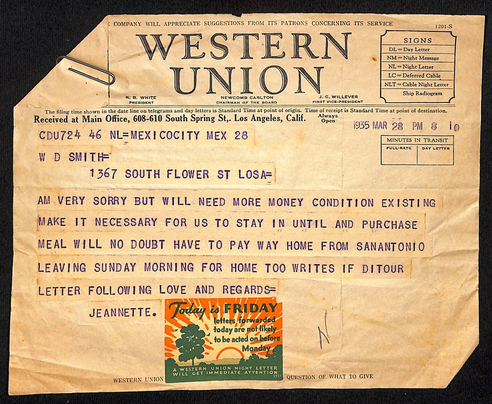 1935 Western Union Telegram Los Angels Office re: \