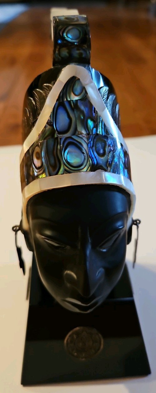 Vtg Mayan Style Headress Obsidian/ Mother Of Pearl. Sterling Accessories.