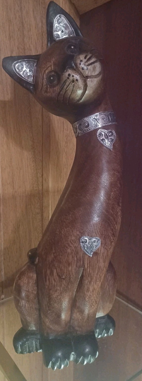 Vintage Hand Carved Large Wooden Cat Figurine with Silver Plate Accents Exc Cond