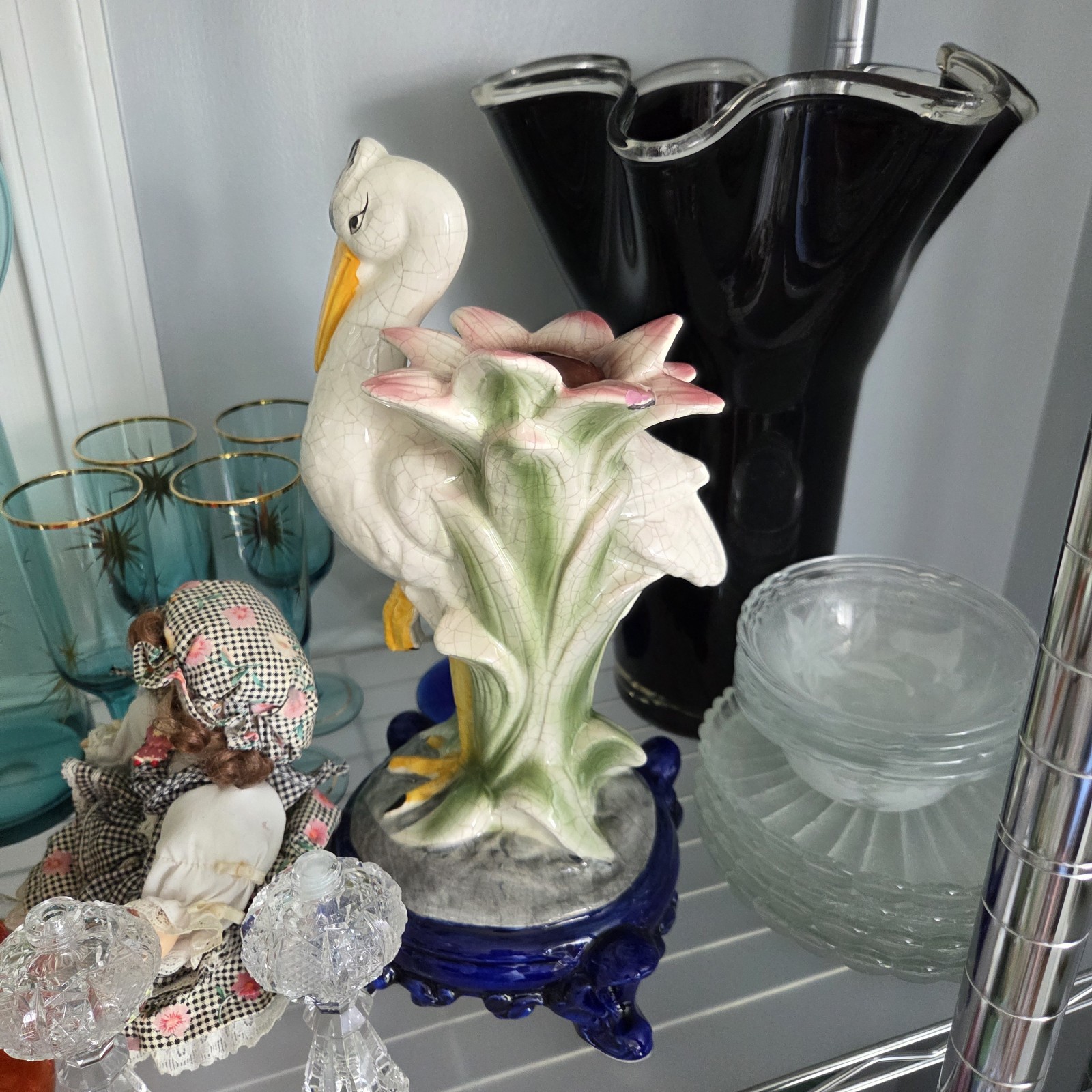 Antique Majolica Stork Crane Statue with Blue Base and Flower