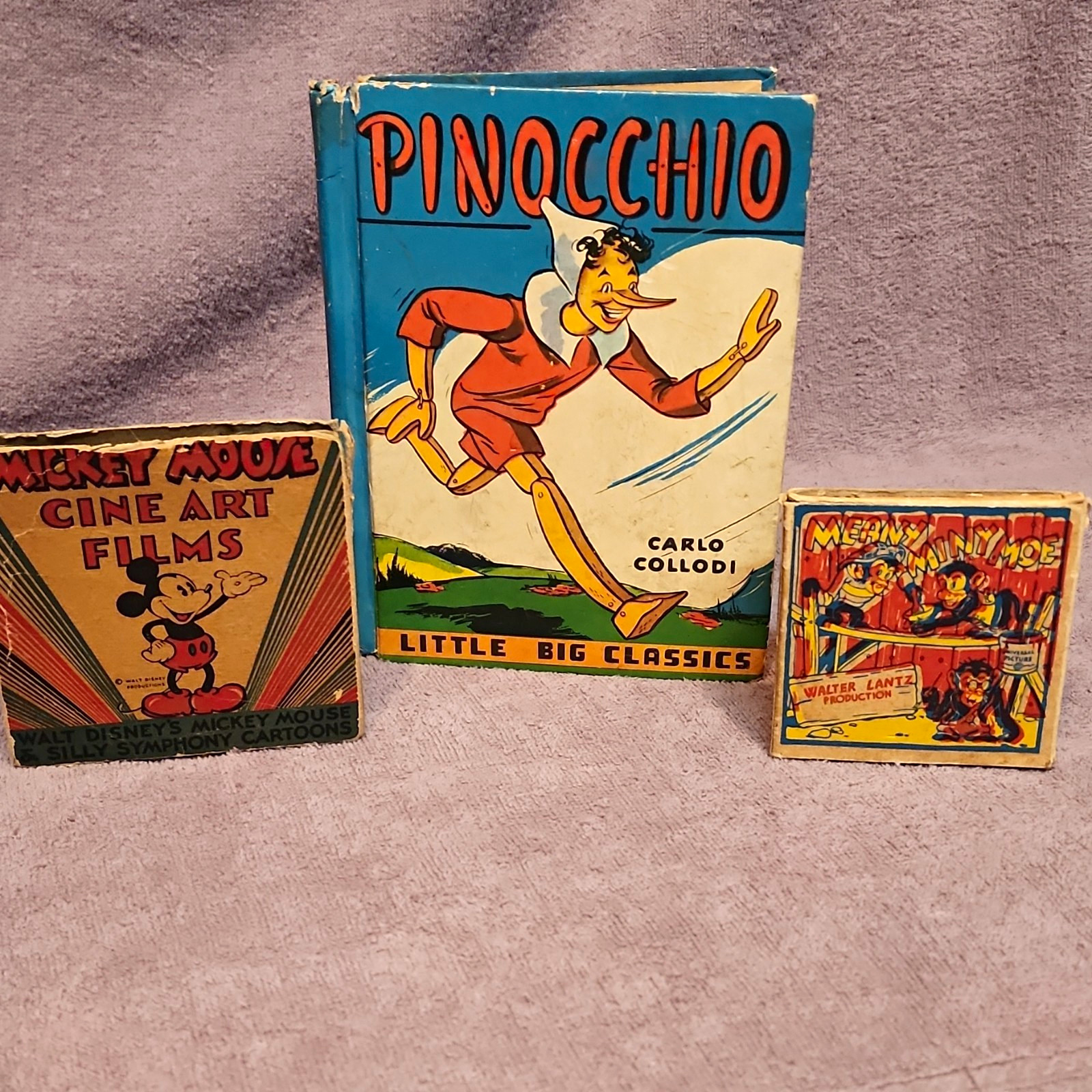 3 Piece Vintage 1930s Memorabilia Pinocchio Hardcover Mickey Mouse Film