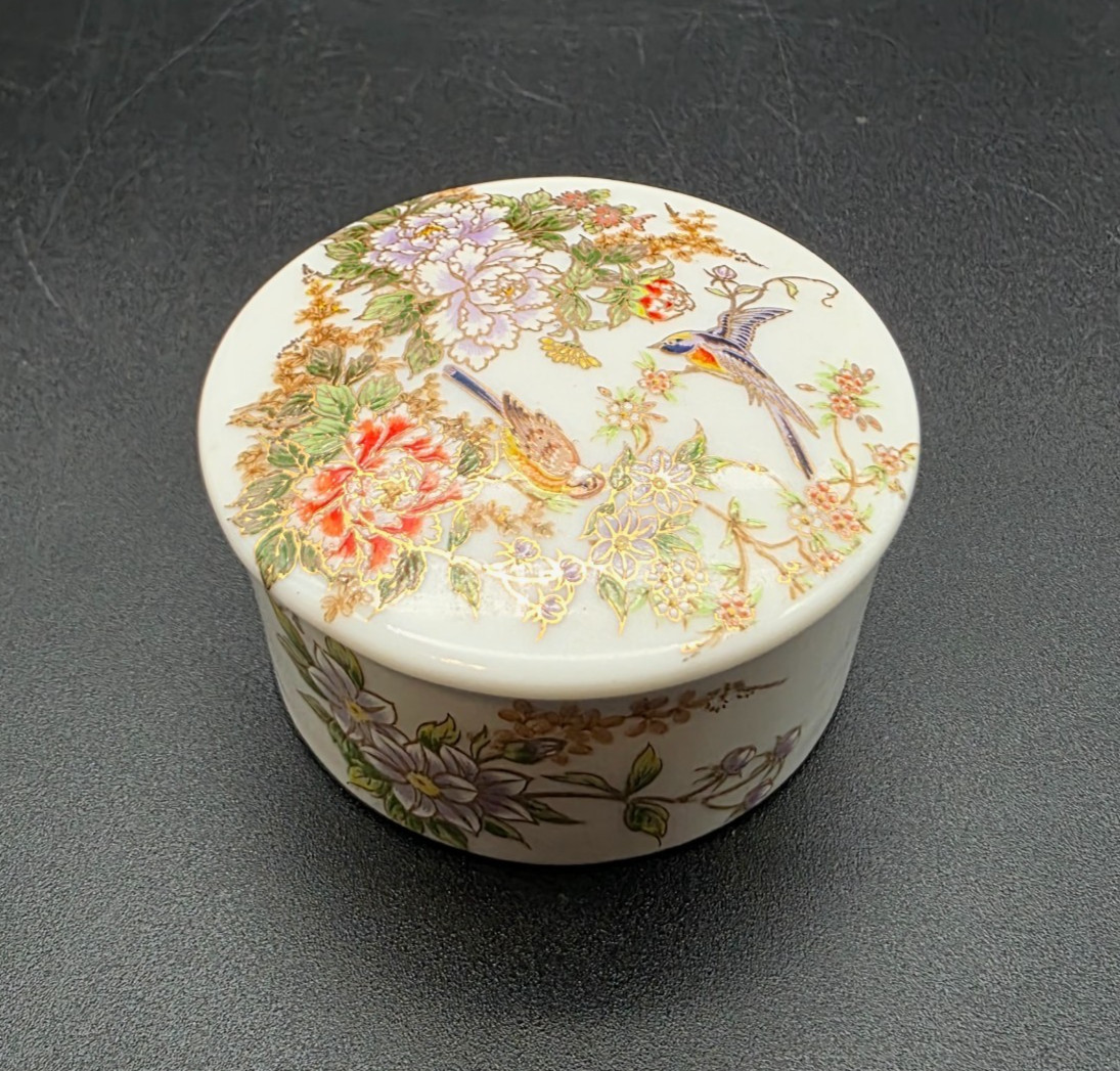 Vintage Japan Porcelain Trinket Box Birds & Floral Hand Painted Oval Lid