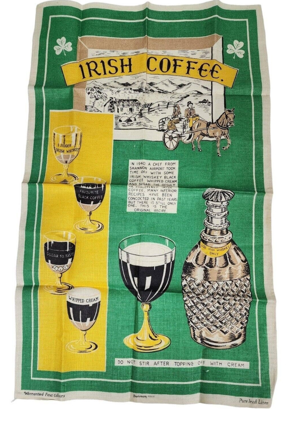 Vintage Dunmoy Pure Irish Linen Tea Towel Irish Coffee Whiskey Pub NOS 31x19