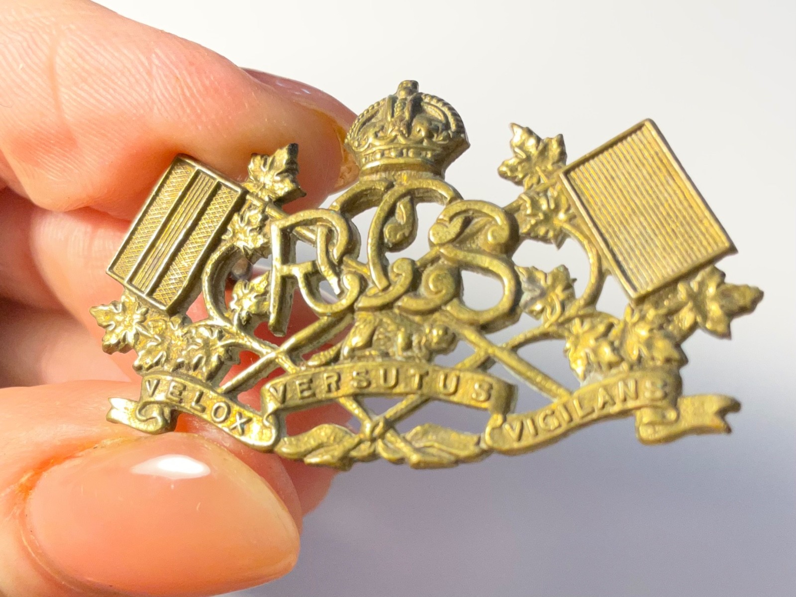WWI Canadian Signal Corps CSC Cap Collar Badge 1908 Pattern Velox Versutus
