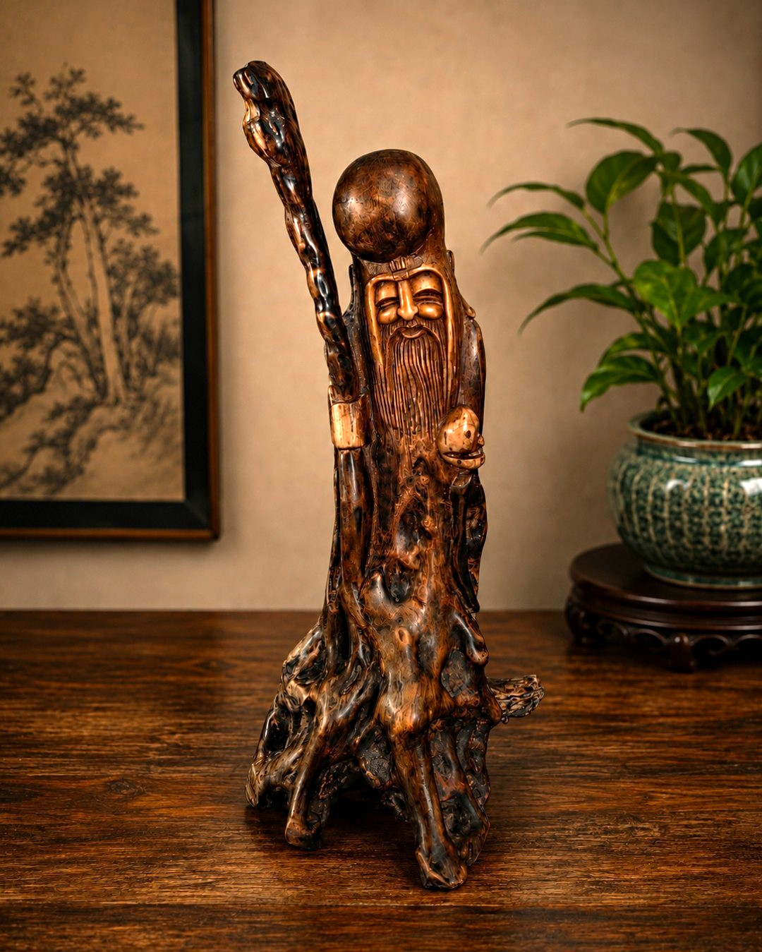 Vintage Chinese Shou Lao Shouxing Carved Root Wood Longevity God Statue 15\
