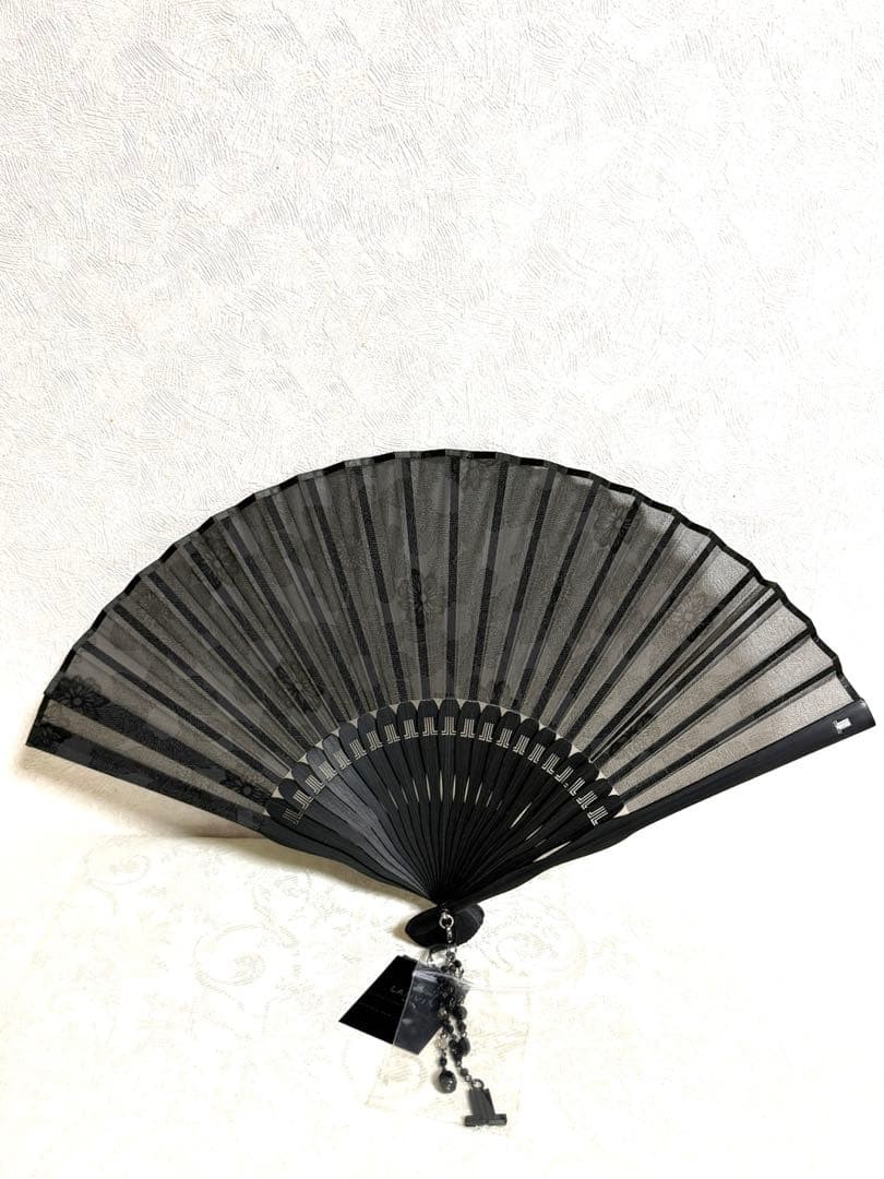 LANVIN NOIR Formal Fan Black Silk Sheer Flower JL Charm Authentic Ready