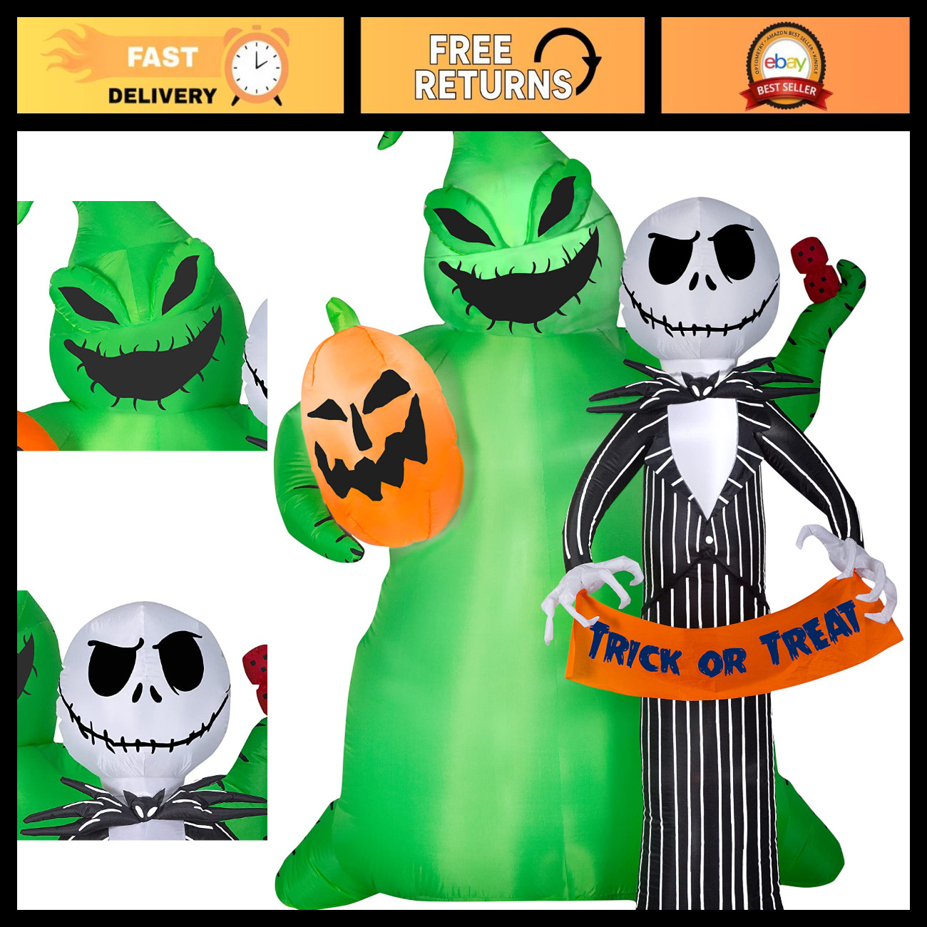 6.5 Ft Tall Halloween Inflatable Jack Skellington Scene, Lighted Yard Decor, Oog