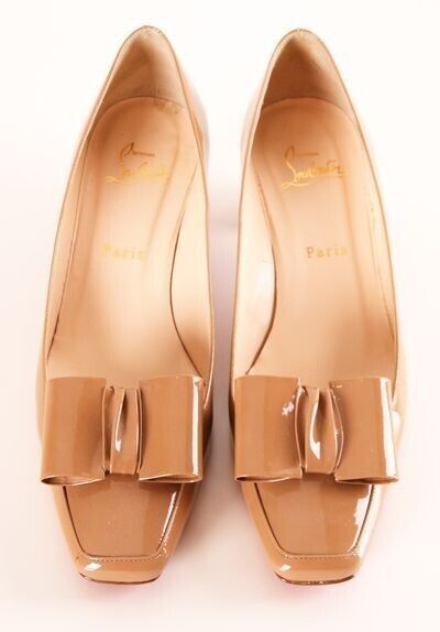 Christian Louboutin 36 Nude Patent Leather Chunky Heel With Bow Womens Italy 