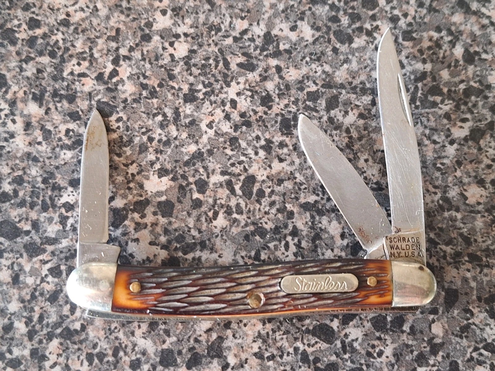 Knife Schrade Walden N.Y. USA 855 Stainless Stockman Folding Three 3 Blade
