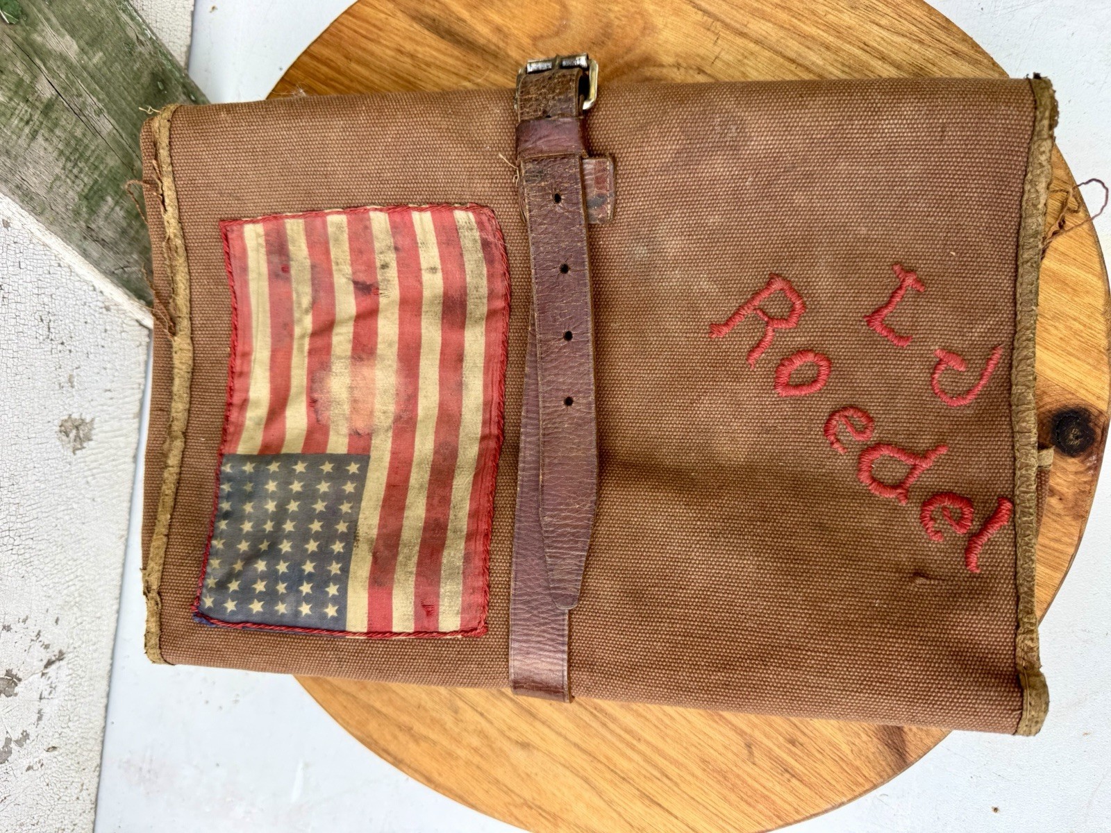 Vintage US Military Canvas & Leather Field Roll Up Bag US 48 Star Flag Patch WWI