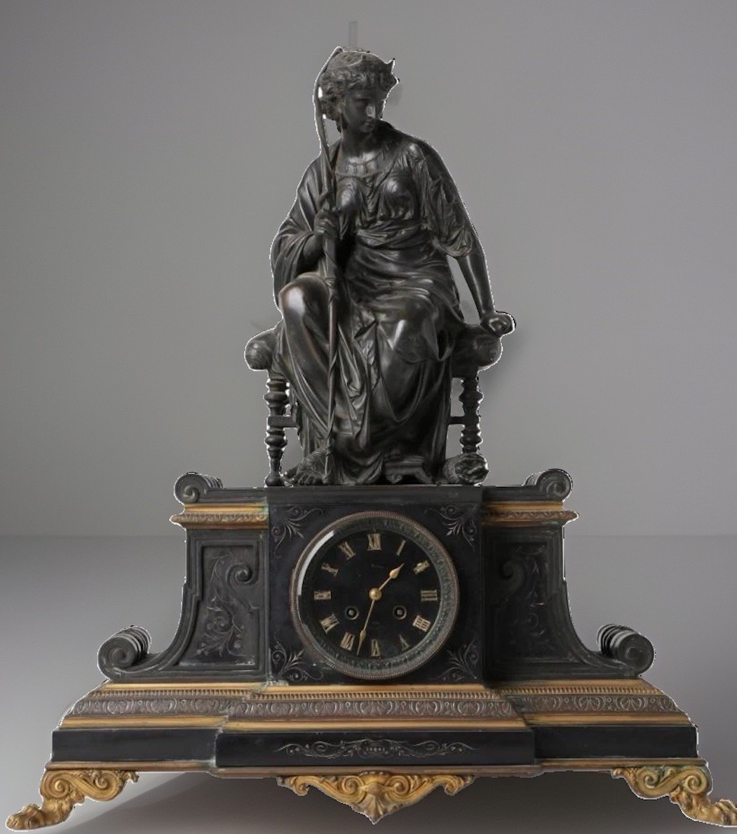 Antique 19thC French Napoleon III Marble & Bronze Mantel Clock - Diana Huntress