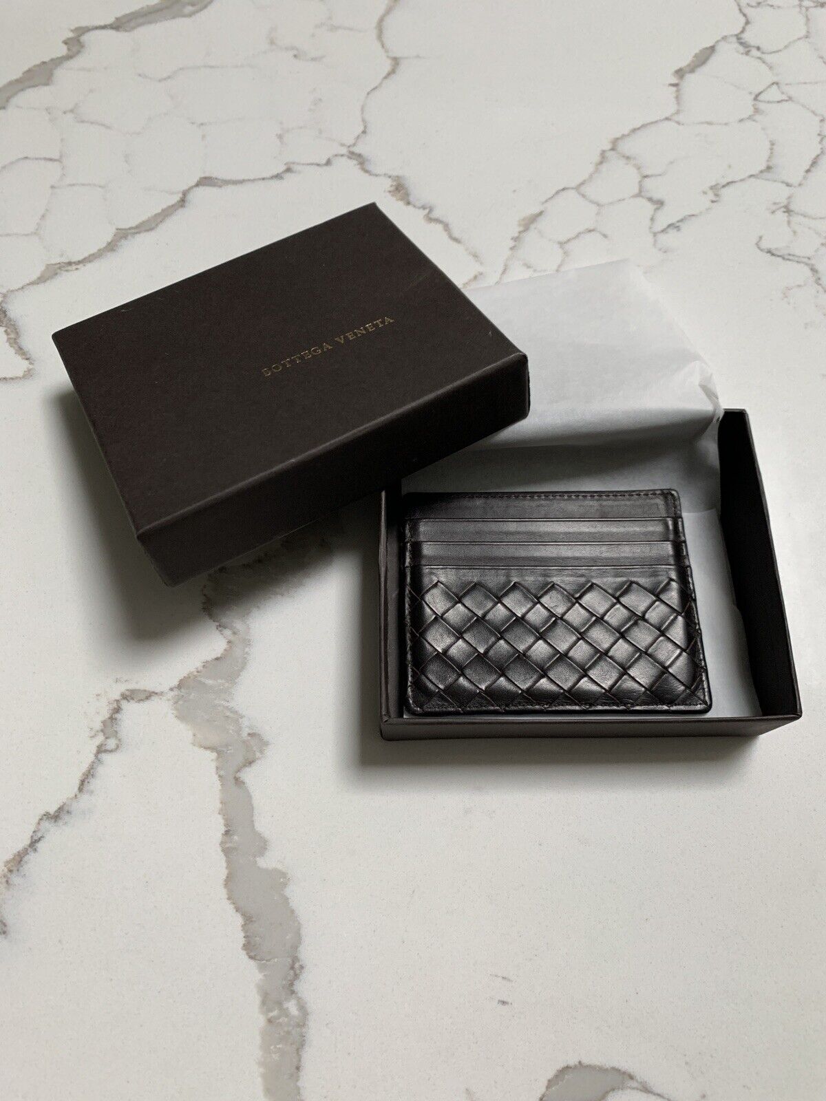 Auth Bottega Veneta Card Holder Wallet Chocolate Intrecciato Leather in box