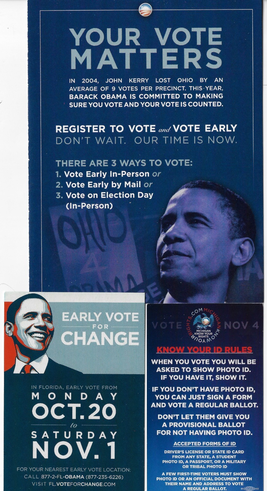 3-2008 Brack Obama Small Presidential Campaign Cards Michigan Ohio & Florida HQ