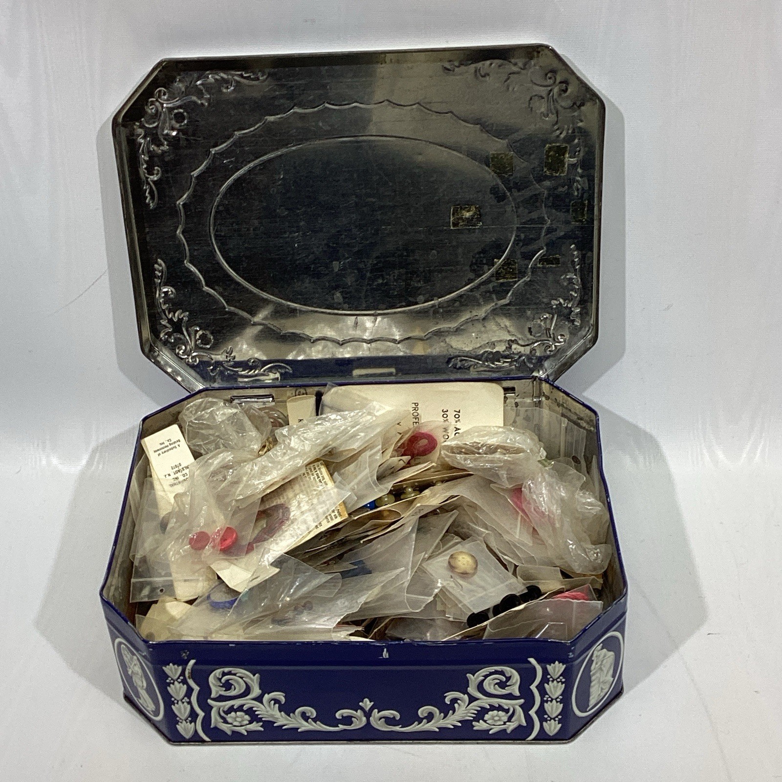 Vintage Huntley Palmers Biscuit Rectangle Tin Filled w/ Vintage Buttons Blue