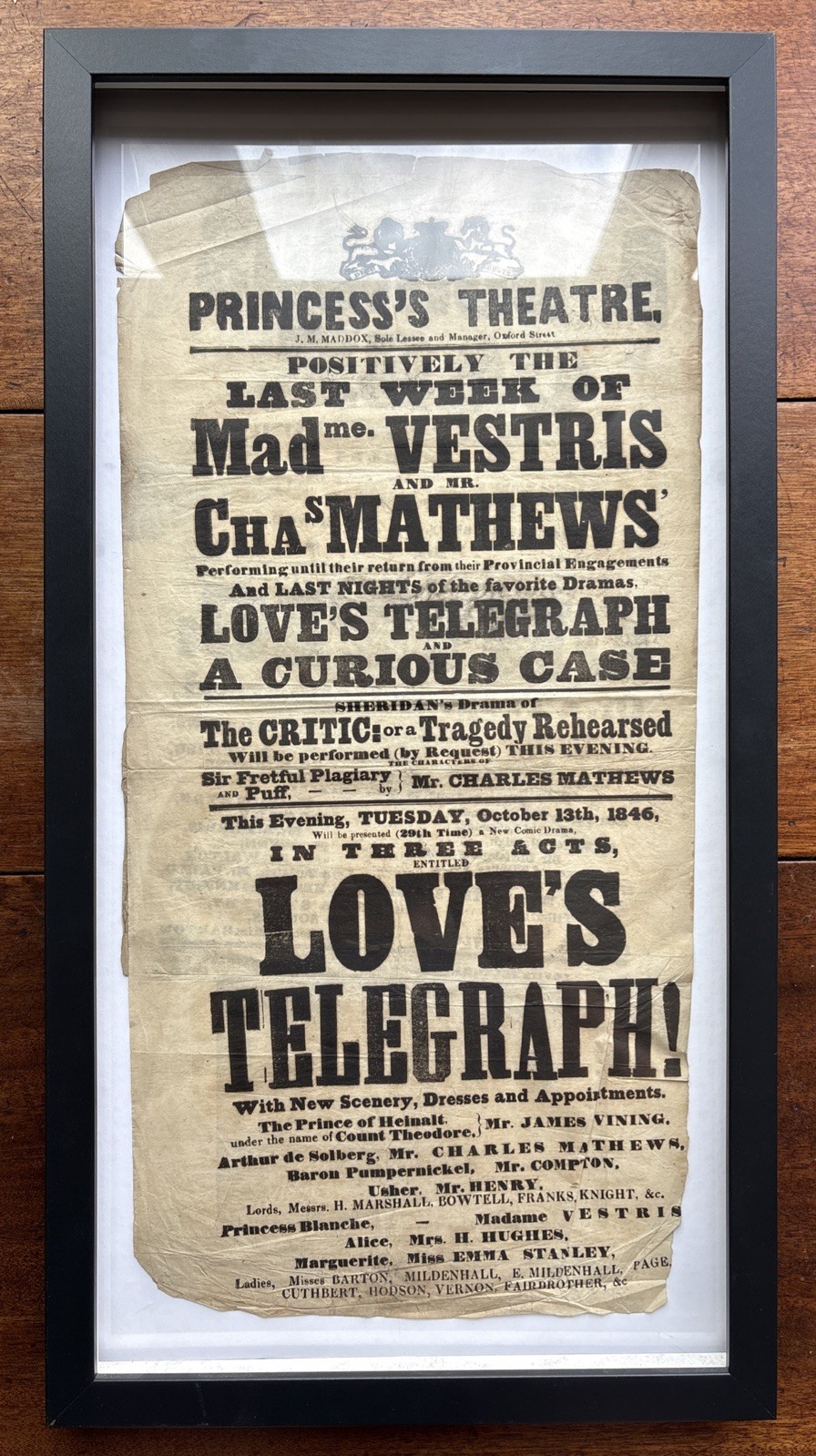 Antique Princess’s Theatre Playbill Madame Vestris Mathews Love’s Telegraph 1846