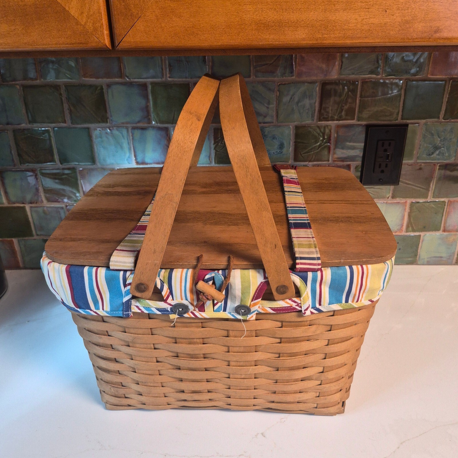 Longaberger Handmade Woven Picnic Basket with Colorful Striped Fabric Liner
