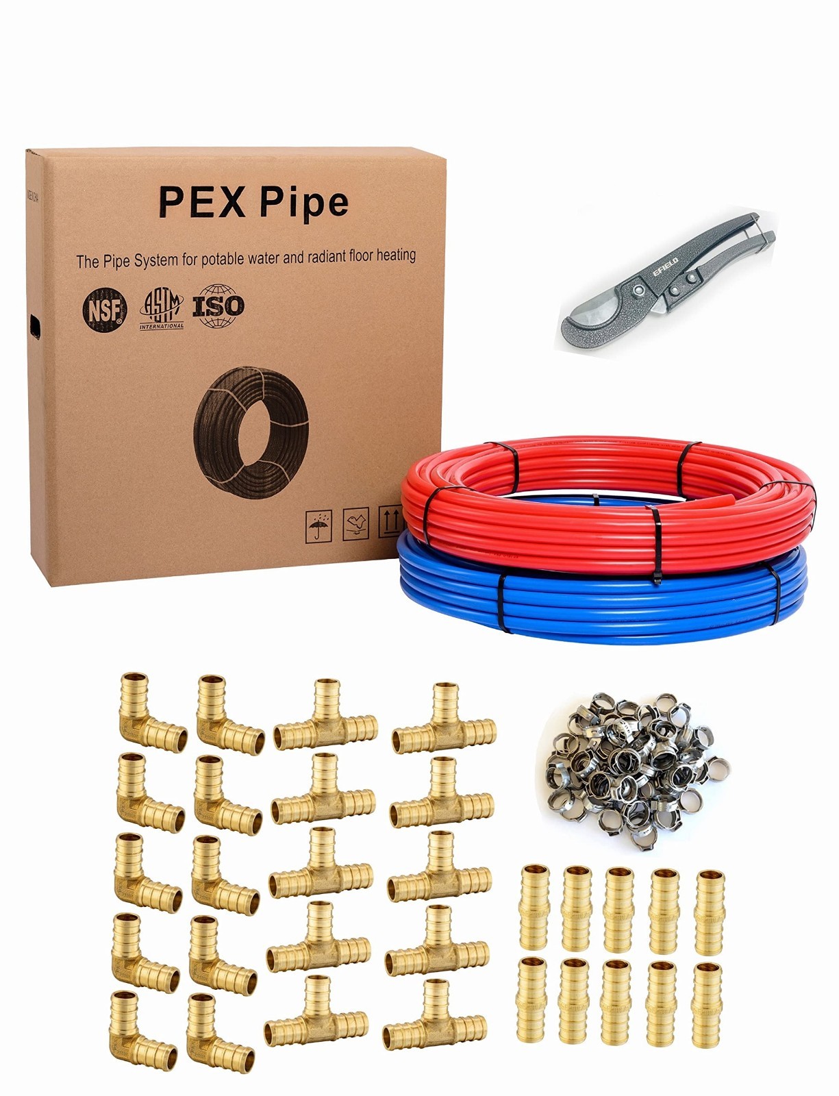 EFIELD 1/2Inch 2 x 100ft Pex-b Pipe/Tubing,PEX Fitting,Clamp Ring(130KIT)